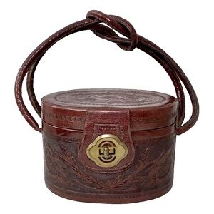 ARTMEX Sm Vintage 40s-50s Hand Tooled Leather Oval Drum Pill Box